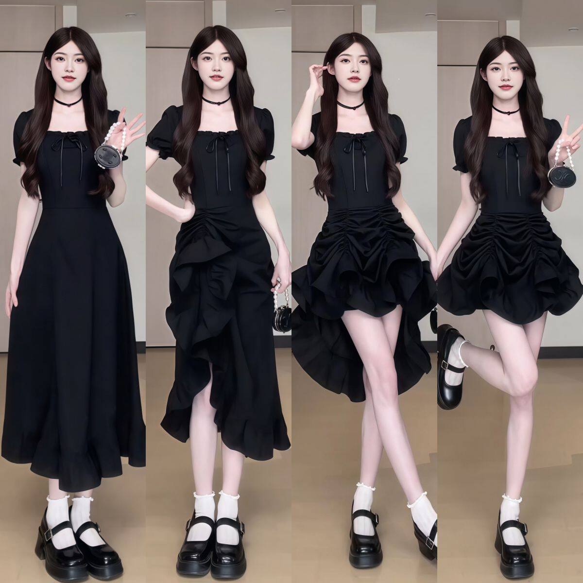 大码设计感时尚连衣裙三穿抽绳中裙女夏季收腰方口领绝美a字长裙