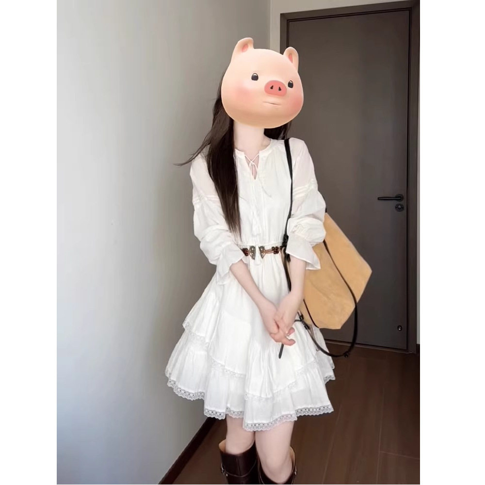 法式v领重工蕾丝拼接白色长袖连衣裙感小个子衬衫裙仙女秋季