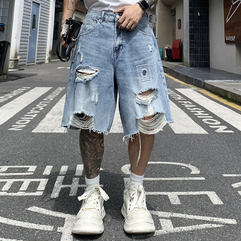 美式复古高街破洞牛仔短裤男夏季潮牌痞帅宽松中裤垂感阔腿五分裤