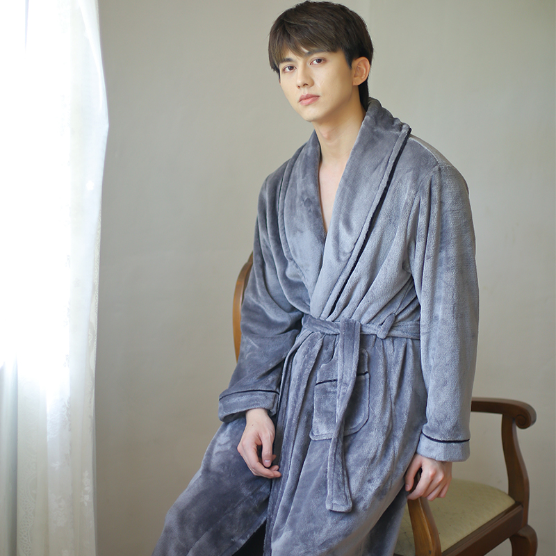 睡袍男秋冬季法兰绒加厚长款一片式珊瑚绒浴袍男士春秋睡衣家居服