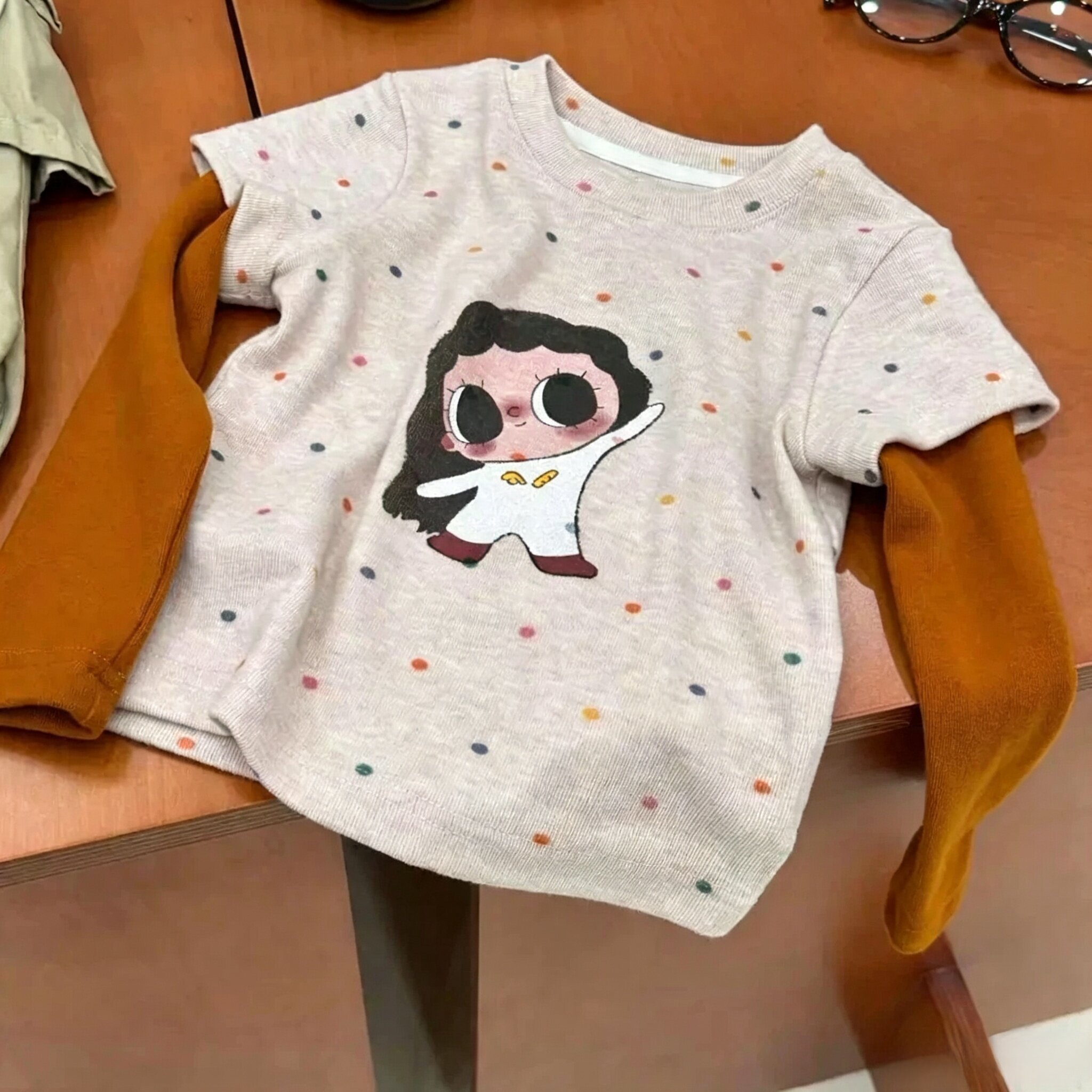 韩系儿童撞色假两件上衣可爱波点长袖女童百搭打底衫宝宝秋装新款