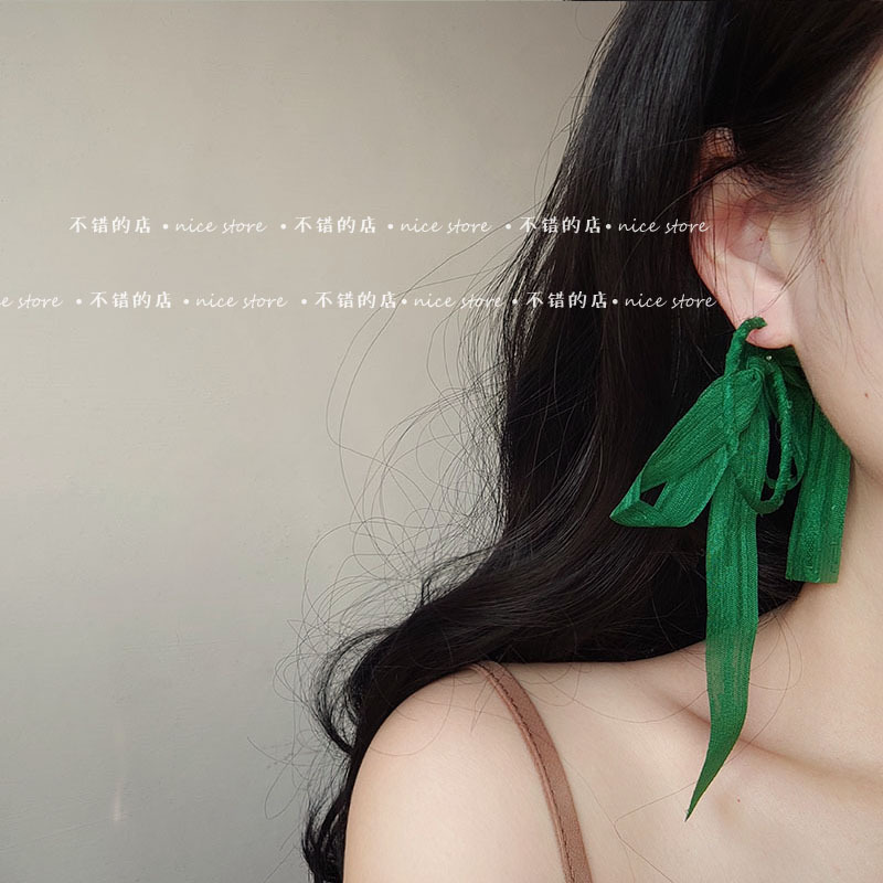森系网纱蝴蝶结耳环法式绿色圆圈布艺耳圈s925银耳钉小众夸张