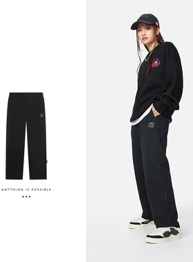 中国李宁草莓熊松紧腰直筒裤宽松冬季加绒卫裤女保暖长裤AKLSE58