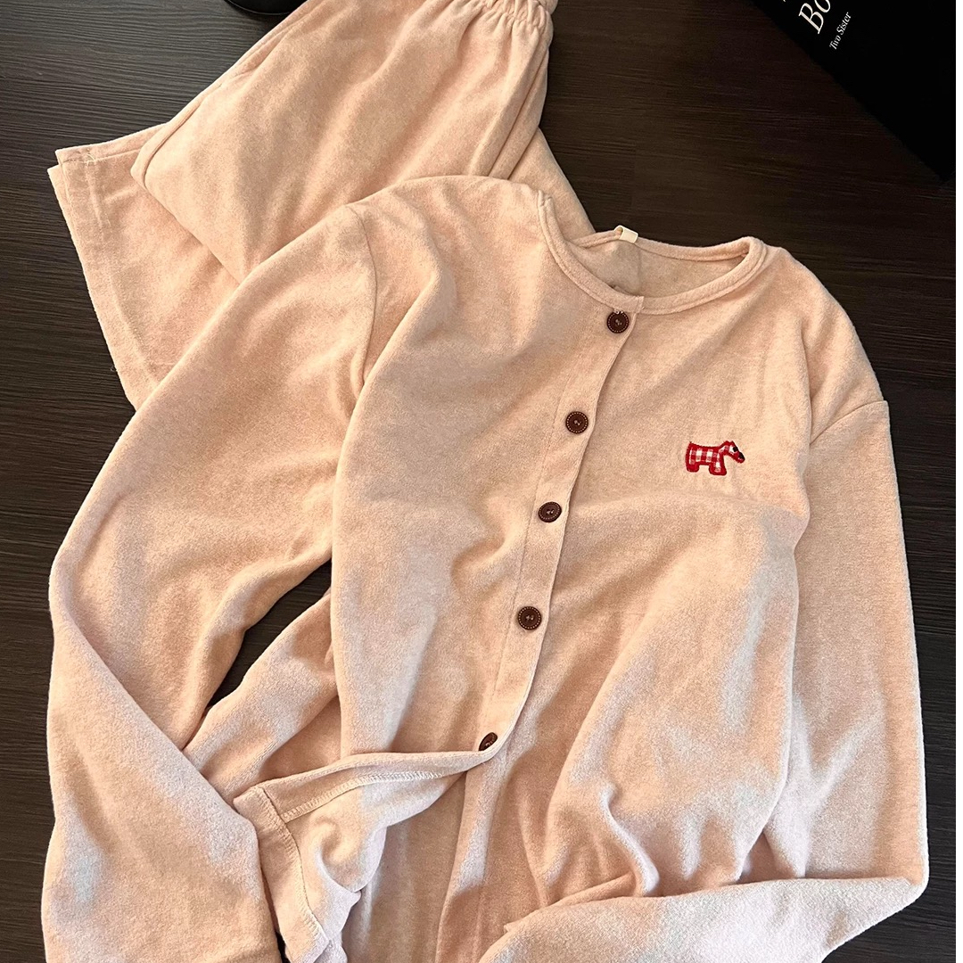 韩系德绒睡衣女秋冬开衫粉糯叽叽可爱小马薄绒家居服套装可外穿