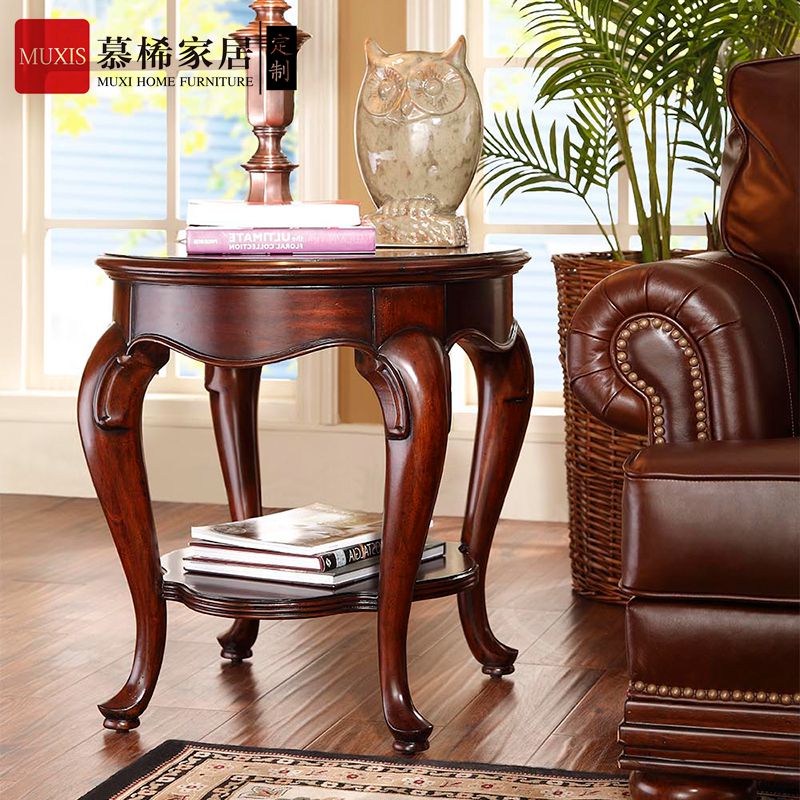 实木雕花新古典风椭圆形沙发边几