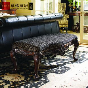 复古美式实木雕刻床尾凳别墅主卧布艺换鞋凳高档化妆凳休闲凳定制