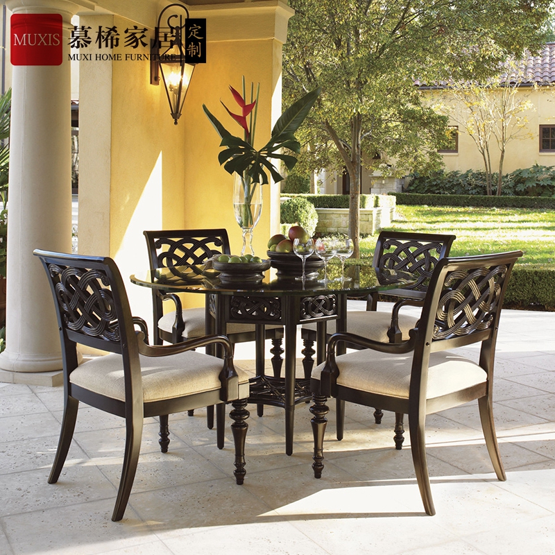 东南亚风钢化玻璃面圆餐桌定制