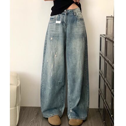 韩婷l春季新款高腰阔腿牛仔裤今年新款设计感水洗宽松直筒裤子