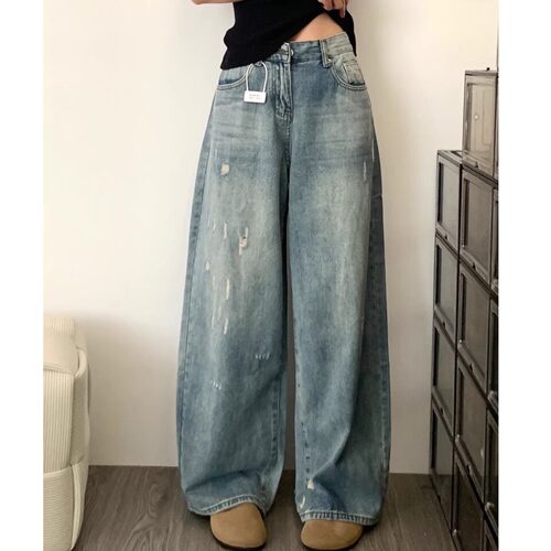 韩婷l春季新款高腰阔腿牛仔裤今年新款设计感水洗宽松直筒裤子