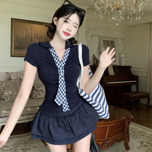 韩婷l辣妹套装POLO领T掐腰显瘦上衣女夏季新款