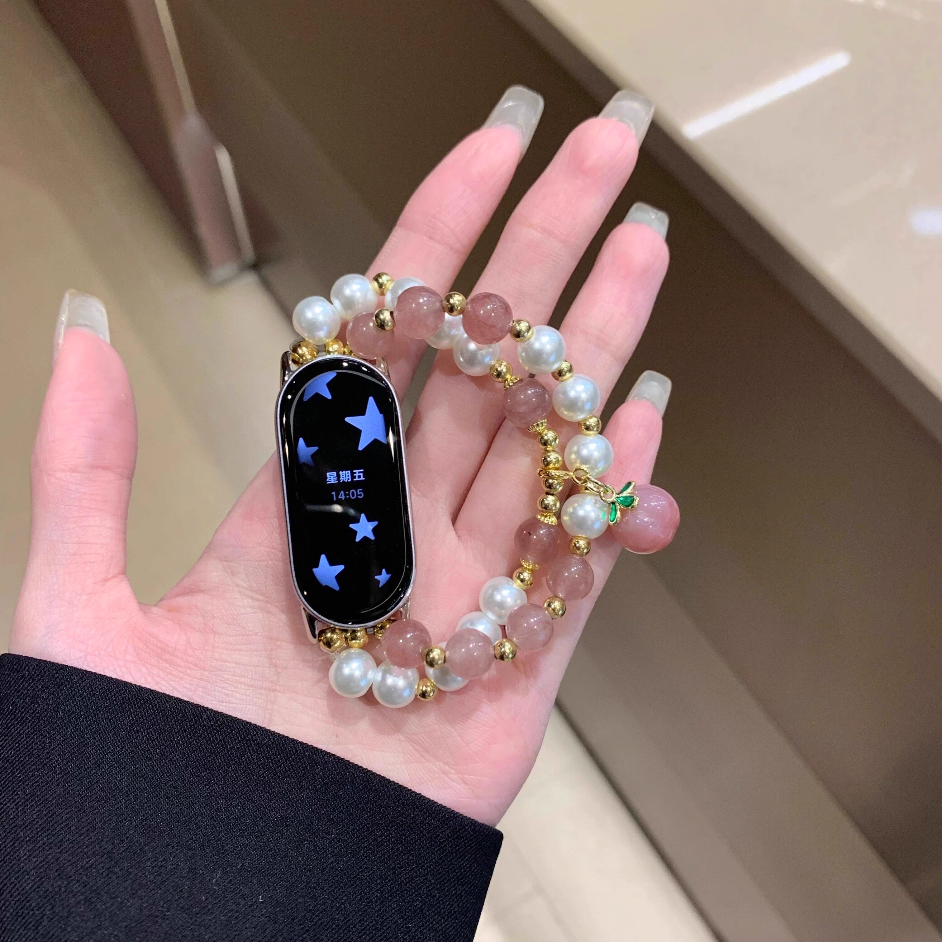 适用小米手环9/8表带桃子石串珠串珠腕带NFC版5/6/7运动弹力表带