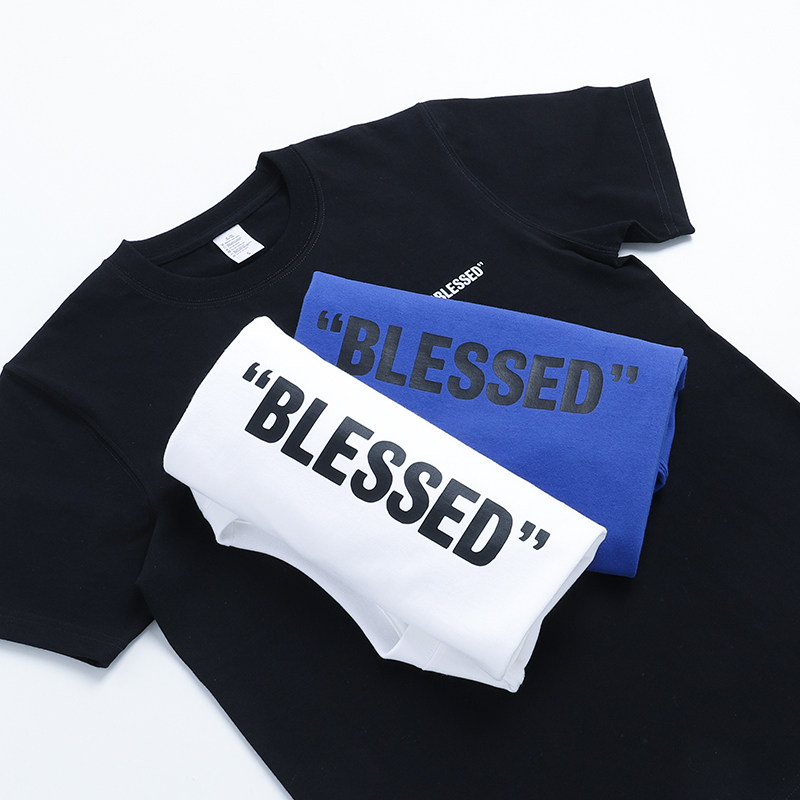 原创美式blessed春夏纯棉重磅圆领短袖字母t恤 男女情侣款白色潮