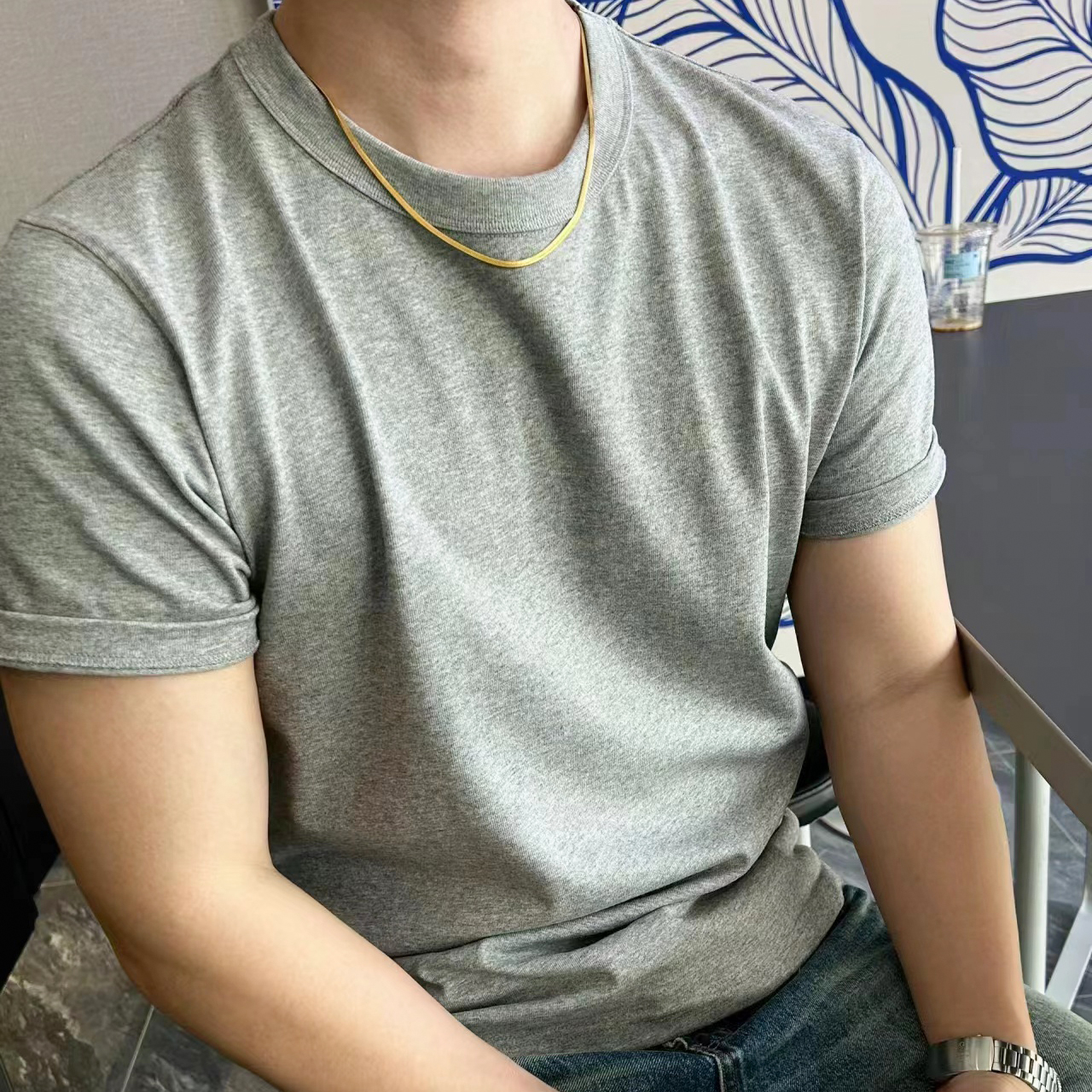 100%全棉滚领短袖基础款纯色T恤