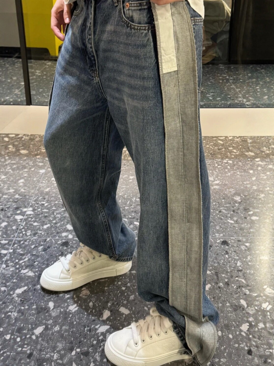 【陈发财】FA CAI新款美式复古水洗做旧拼接牛仔裤高腰显瘦直筒裤