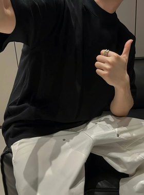 【陈发财】FA CAI新款纯色简单款百搭小领口重磅纯棉宽松短袖T恤