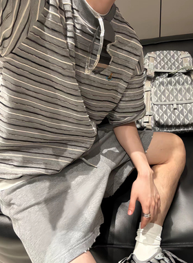 【陈发财】FA CAI新款条纹小领口重磅纯棉宽松短袖T恤男女情侣款