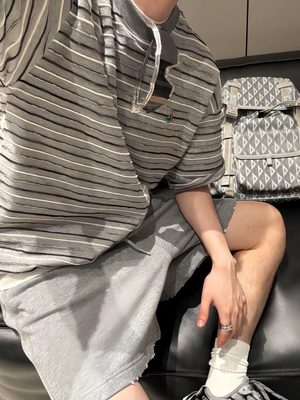 【陈发财】FA CAI新款条纹小领口重磅纯棉宽松短袖T恤男女情侣款