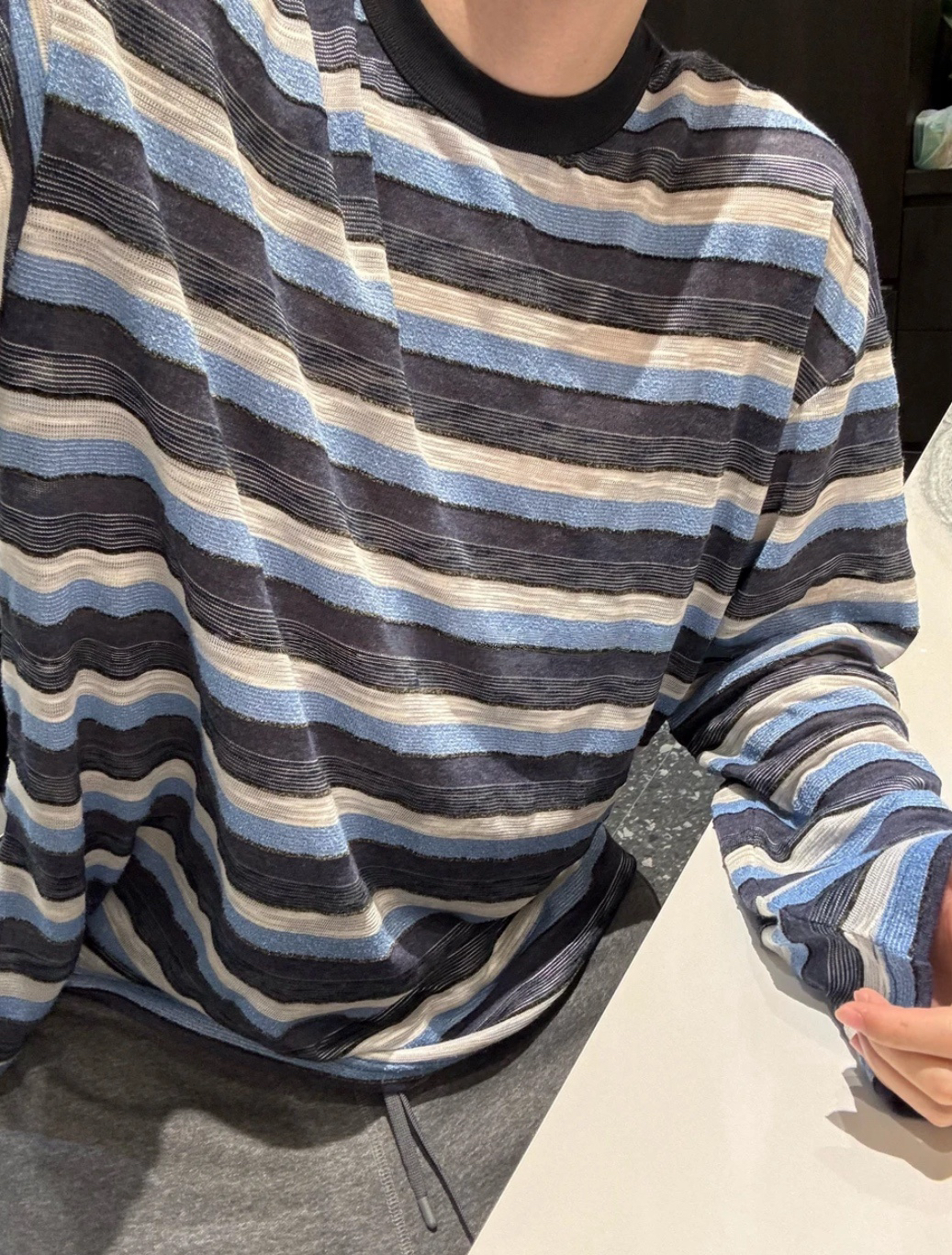 【陈发财】FA CAI新款多巴胺条纹打底长袖简约设计感小领口情侣款