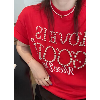 【陈发财】FACAI珍珠重工设计师款钉珠短袖新年情侣氛围感红色T恤