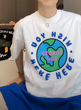【陈发财】FACAI夏季全棉重磅小领口字母地球宽松圆领情侣百搭T恤