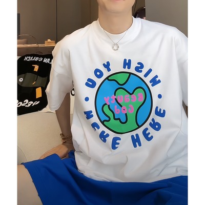 【陈发财】FACAI夏季全棉重磅小领口字母地球宽松圆领情侣百搭T恤