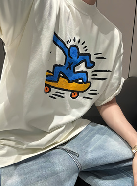 【陈发财】FA CAI新款滑板印花短袖T恤男女款小领口宽松百搭上衣