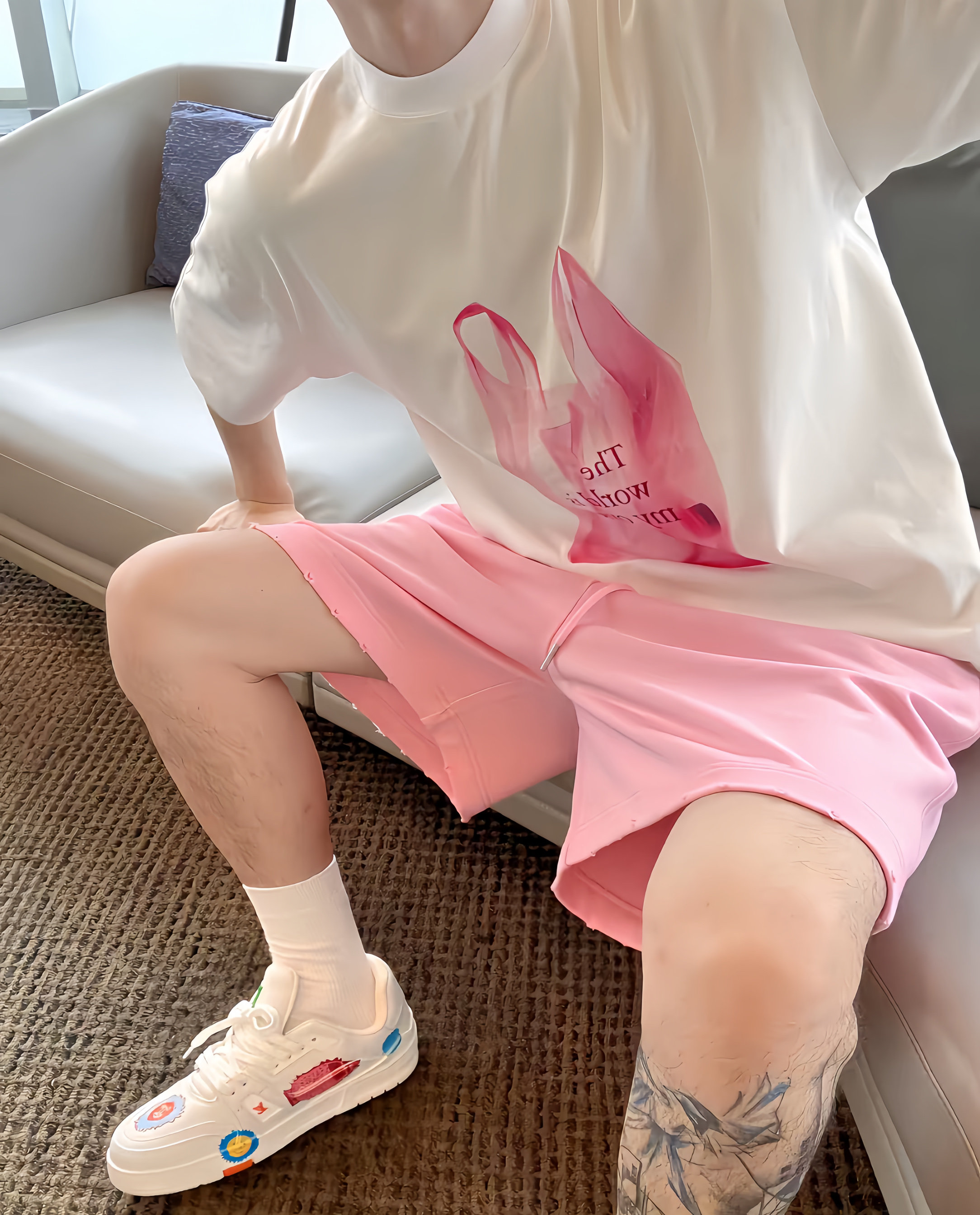 【陈发财】FA CAI新款粉色手提袋ins风百搭短袖男女同款小领口T恤