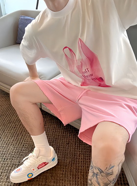 【陈发财】FA CAI新款粉色手提袋ins风百搭短袖男女同款小领口T恤