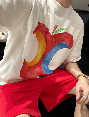 【陈发财】FA CAI新款印花咬掉苹果系列小领口重磅宽松T恤男女款