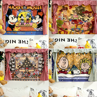 复古卡通米奇魔术贴圣诞节装 饰3D立体挂布卧室宿舍遮挡背景墙窗帘