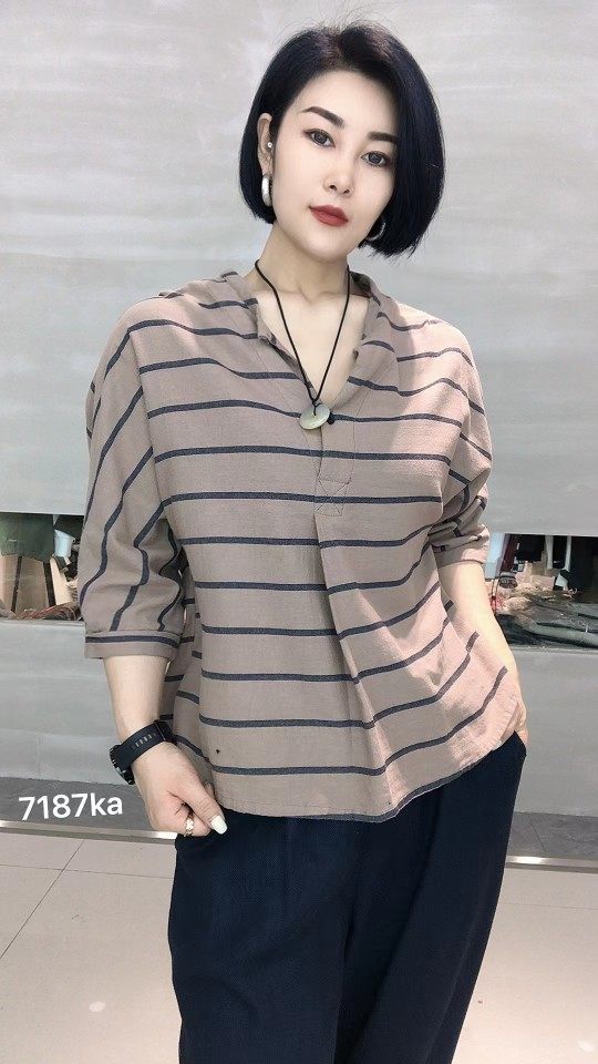 7187雪蓝杉棉麻秋季新款正品女装V领条纹经典长袖七分袖T恤衫