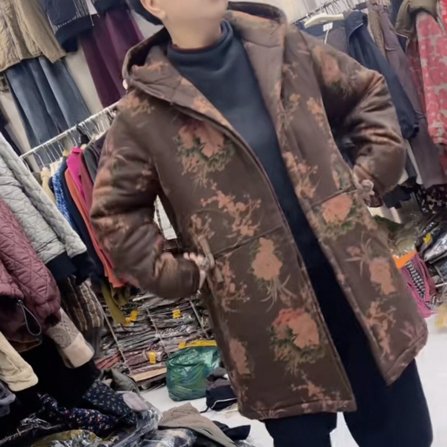 雪蓝杉棉麻女装冬季2024新款棉服长款棉上衣连帽外套加绒碎花大衣