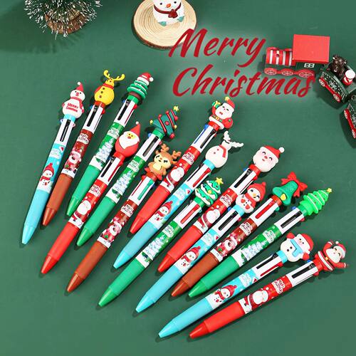 12Pcs/Lot  Christmas 4 Colors Ballpoint Pens Cute Cartoon Sa