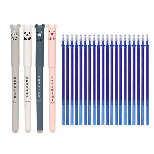 4+20 Pcs/Set Kawaii Pig Bear Cat Erasable Gel Pen Refills Ro