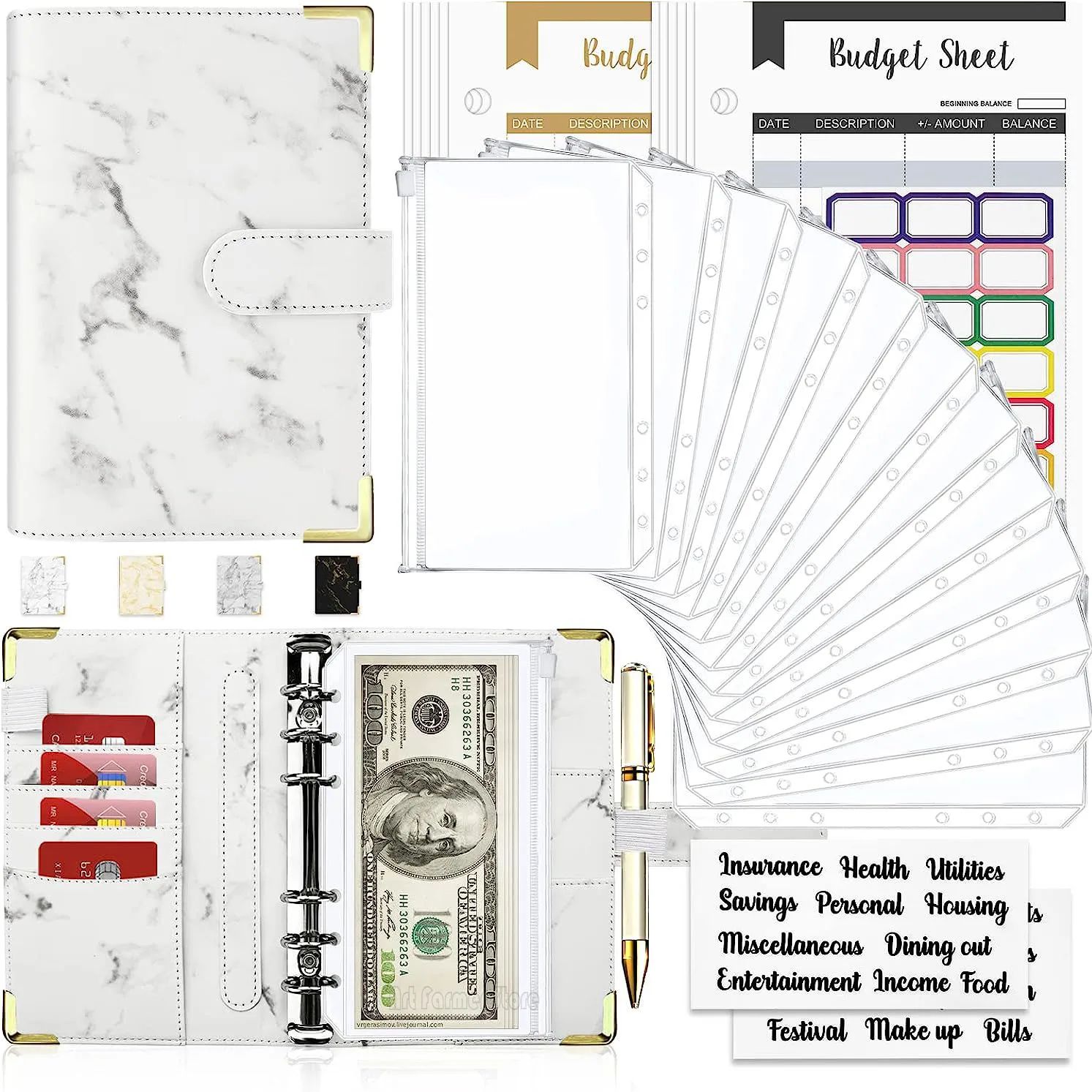 A6 Money Saving Organizer White PU Leather Budget Binder Mar 文具电教/文化用品/商务用品 笔记本/记事本 原图主图