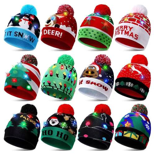 LED Christmas Knitted Hat Light Up Xmas Beanie Cap Unisex Wi