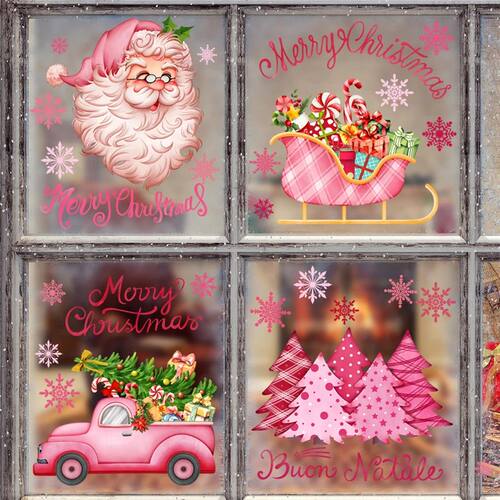 Pink Santa Claus  Year Window Stickers Christmas e Window De