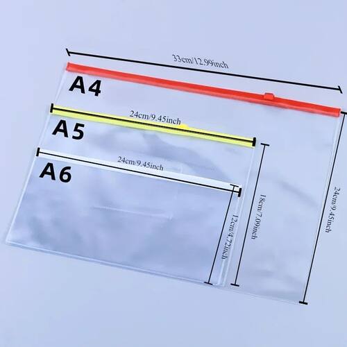 6PCS PVC Transparent Waterproof Zipper File Bags, A4/A5/A6 E