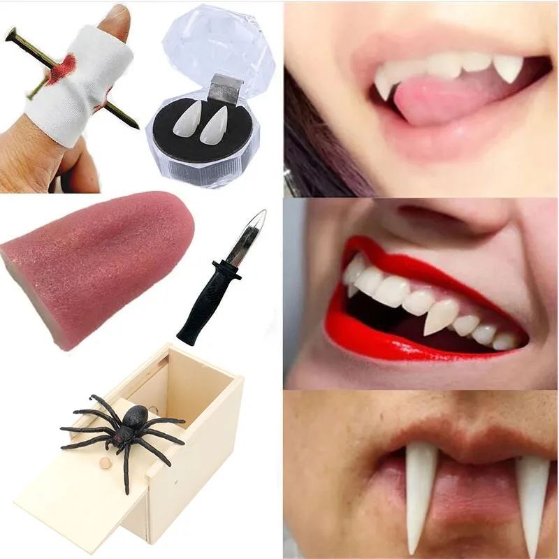 Halloween Dentures Fake Through Tongue Prank Maker Trick Dag