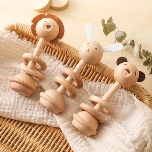 Wooden Animal Rattle Toys for born Wooden Teether Baby 0 12