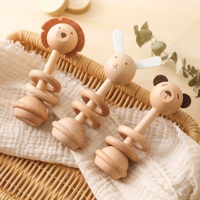 Wooden Animal Rattle Toys for born Wooden Teether Baby 0 12