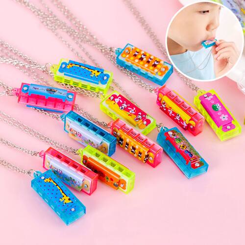 10/100Pcs Cartoon Mini Harmonica with Necklace Musical Toy f