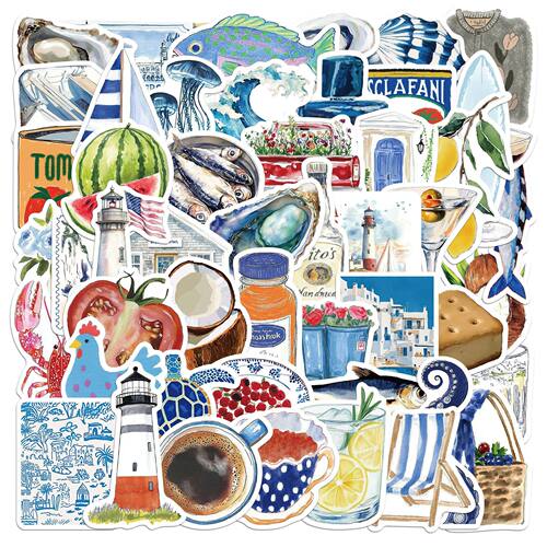 50Pcs Mediterranean Tomato Food Cartoon Stickers Blue Item S