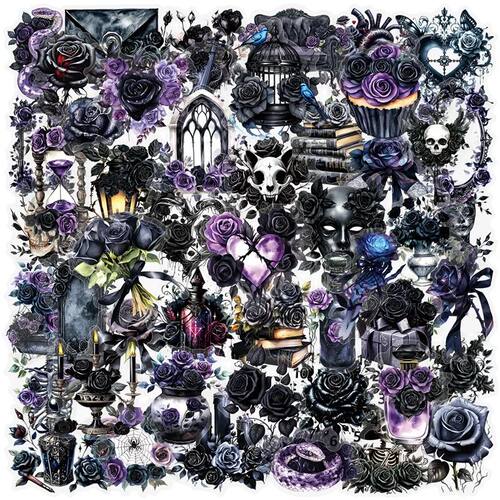 50PCS Gothic Black Purple Rose Sticky PVC Sticker Aesthetic