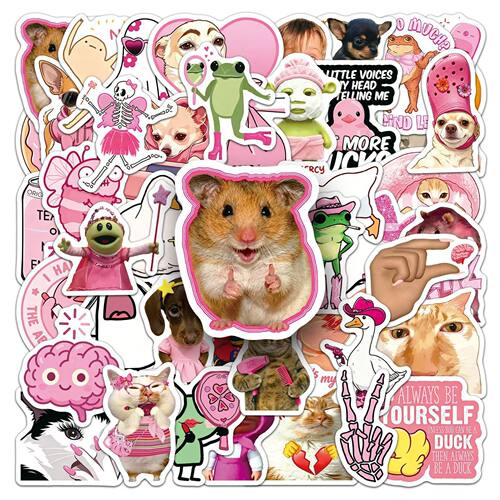 50pcs Pink Funny Animal MEME Stickers Cartoon Creative Stick