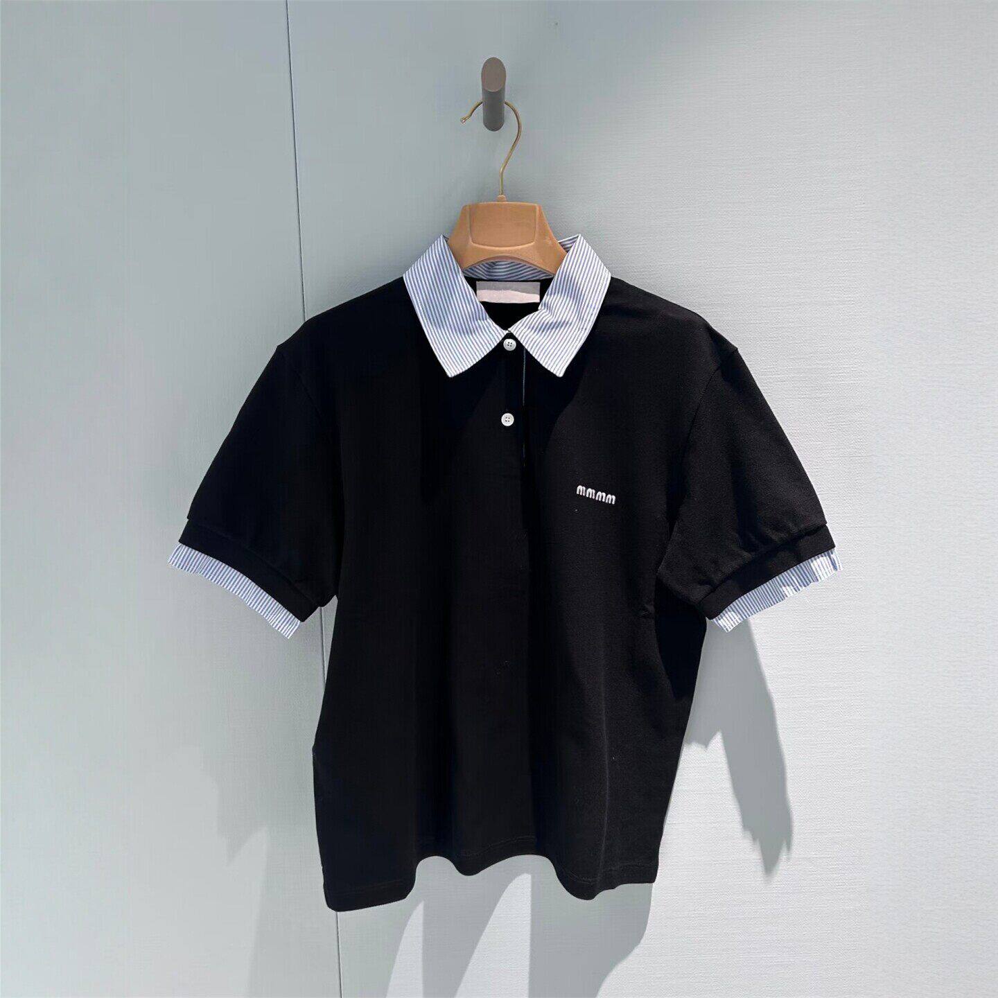假两件条纹短袖polo衫女黑色翻领字母刺绣徽标撞色上衣T恤女