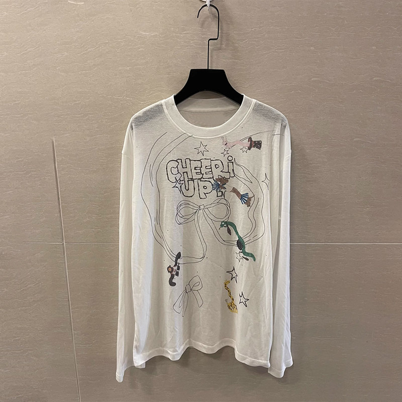 2025早春新款复古圆领宽松显瘦蝴蝶结印花设计感长袖T恤女上衣潮