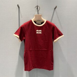 T恤女早春新款 上衣 休闲风字母徽标撞色包边圆领短袖 2026年春季