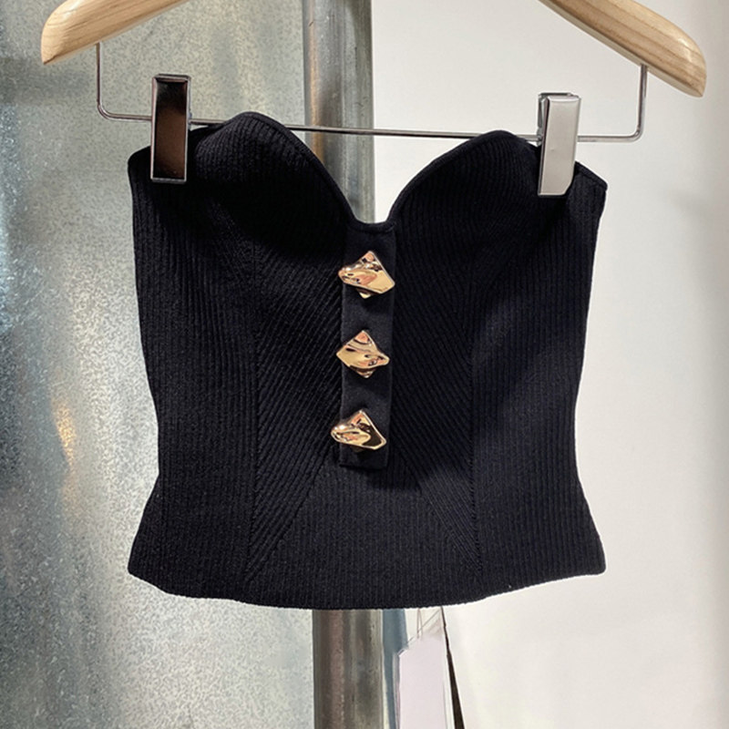 夏季新款时尚气质甜美修身显瘦设计感小众抹胸针织背心上衣女