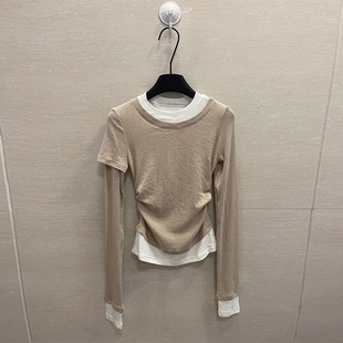 秋季新款时尚圆领气质修身显瘦假两件百搭长袖T恤女上衣洋气